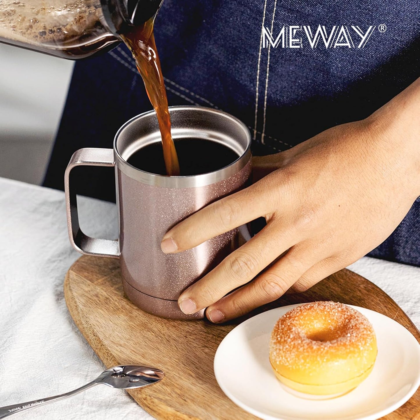 MEWAY 12oz Coffee Mug With Handle and Sliding Lid,Stainless Steel Travel Tumbler Cup with Handle,Double Wall Vacuum Insulated Camping Cup for Hot & Cold Drinks Tea (Rose Gold,Set of 1