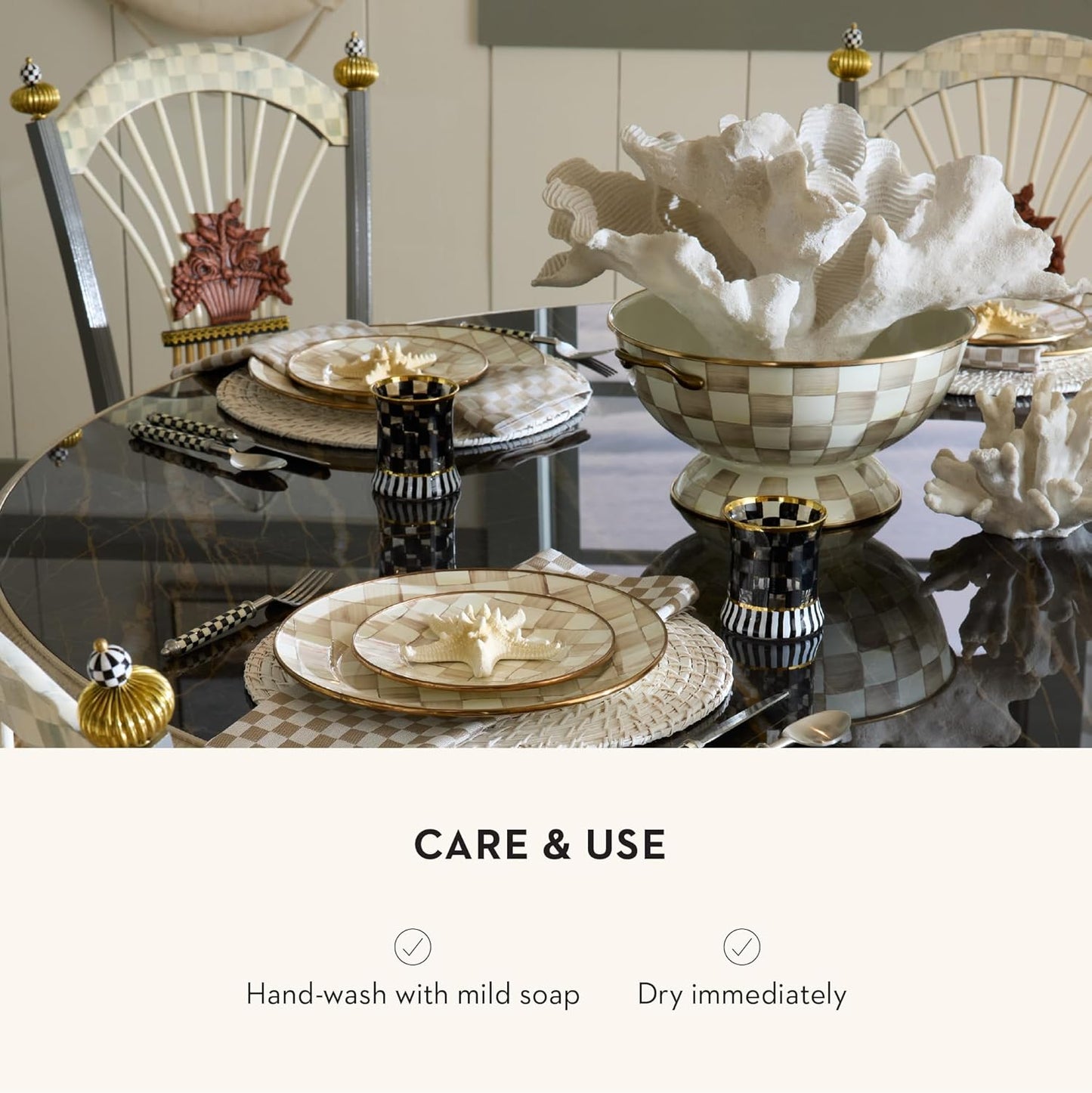 MACKENZIE-CHILDS Enamel Bowl, Serving Bowl for Entertaining, Everything Bowl, Brown-and-White Mocha Check