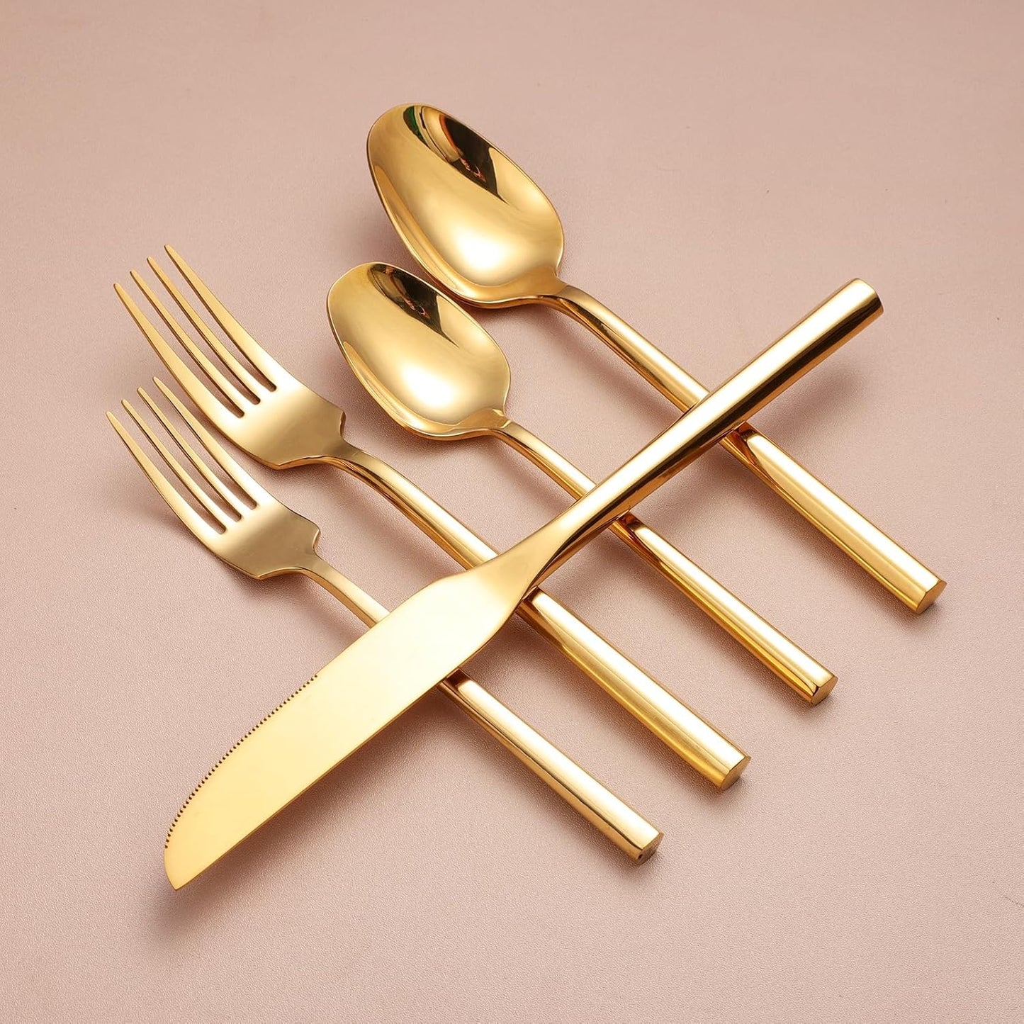 Mirror Silverware Set Gold Flatware Set with Hexagon Handle 20 Pieces 18/0 Stainless Steel Cutlery Set Wedding Housewarming Gift Service for 4 (Mirror gold)