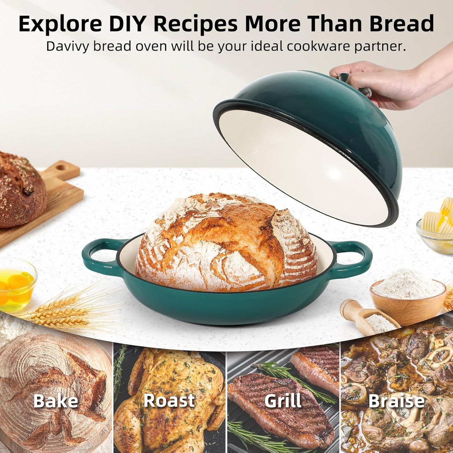 Davivy 5.5QT Enameled Cast Iron Dutch Oven with Lid, Dutch Oven for Sourdough Bread, 10" Round Sourdough Bread Oven, Bread Cloche for Bread Baking, with Silicone Baking Mat - Gradient Teal