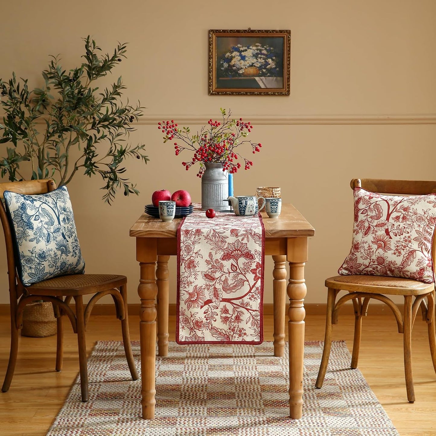 ISAENNE Designer Chinoiserie Elegant Linen Table Runner 71 Inches Long,Red Floral Pattern Decor Table Runners for Thanksgiving,Dining Room,Banquet,Kitchen Tables,Christmas,12"*71"-Ruyi A