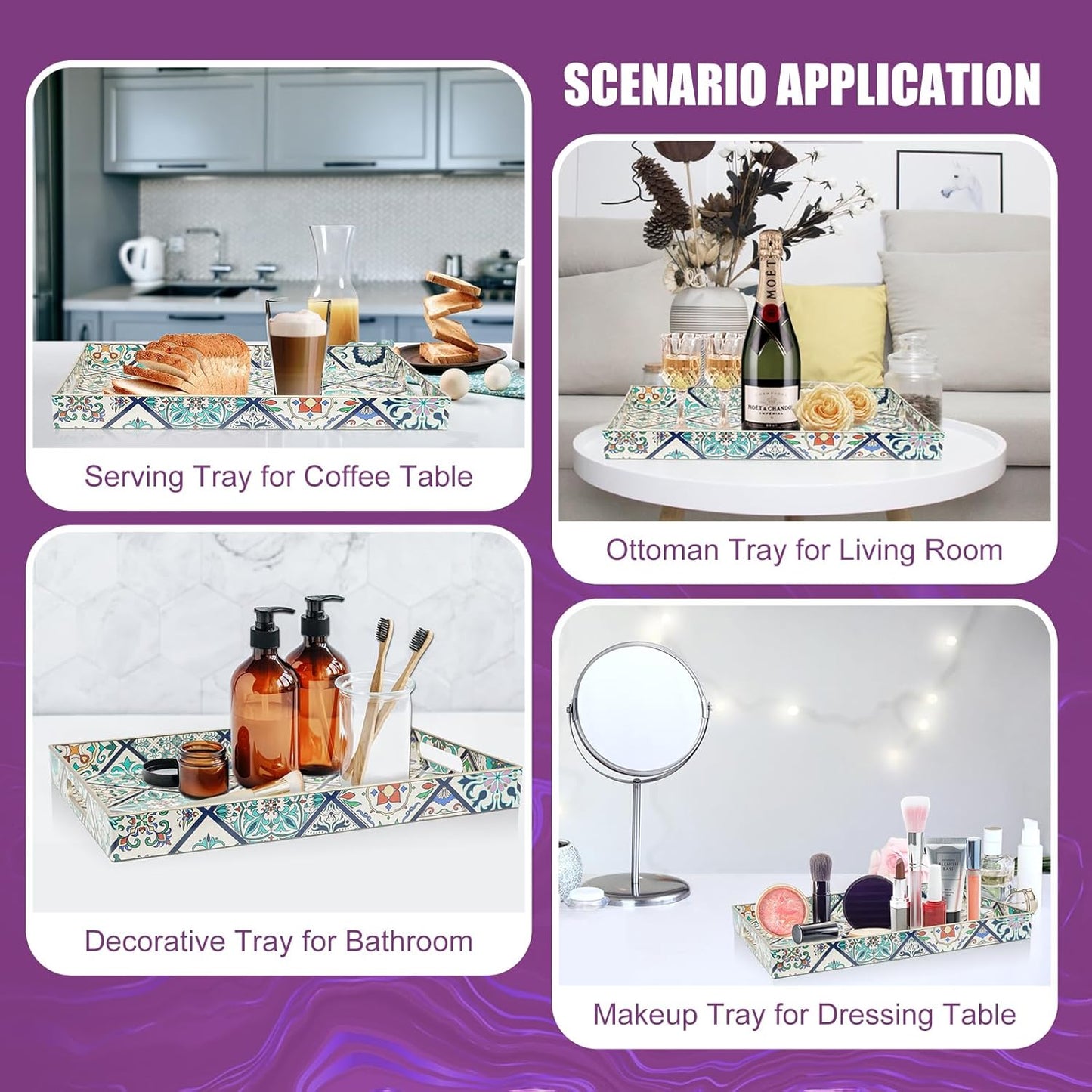 Gifturbo Serving Tray with Handles, Plastic Decorative Rectangular Tray for Coffee Table, Living Room, Home Decor, Outdoor Trays,Serving Breakfast Kitchen Platter,Boho