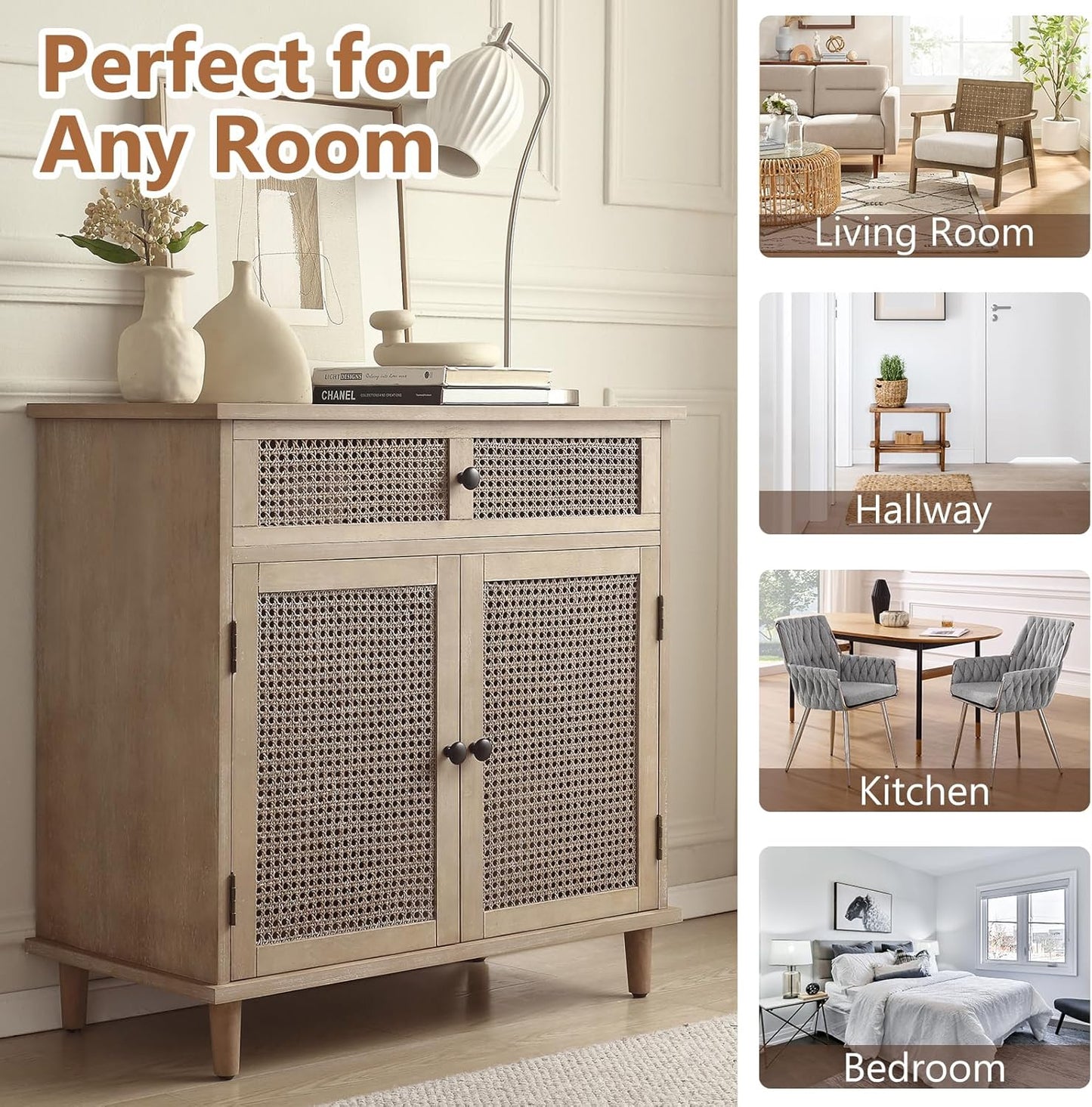 Sideboard Buffet Cabinet, Rattan Storage Cabinet with 2 Doors and Removable Shelf, Farmhouse Decor with Drawers for Living Room, Entryway, Hallway, Kitchen, Dining Room