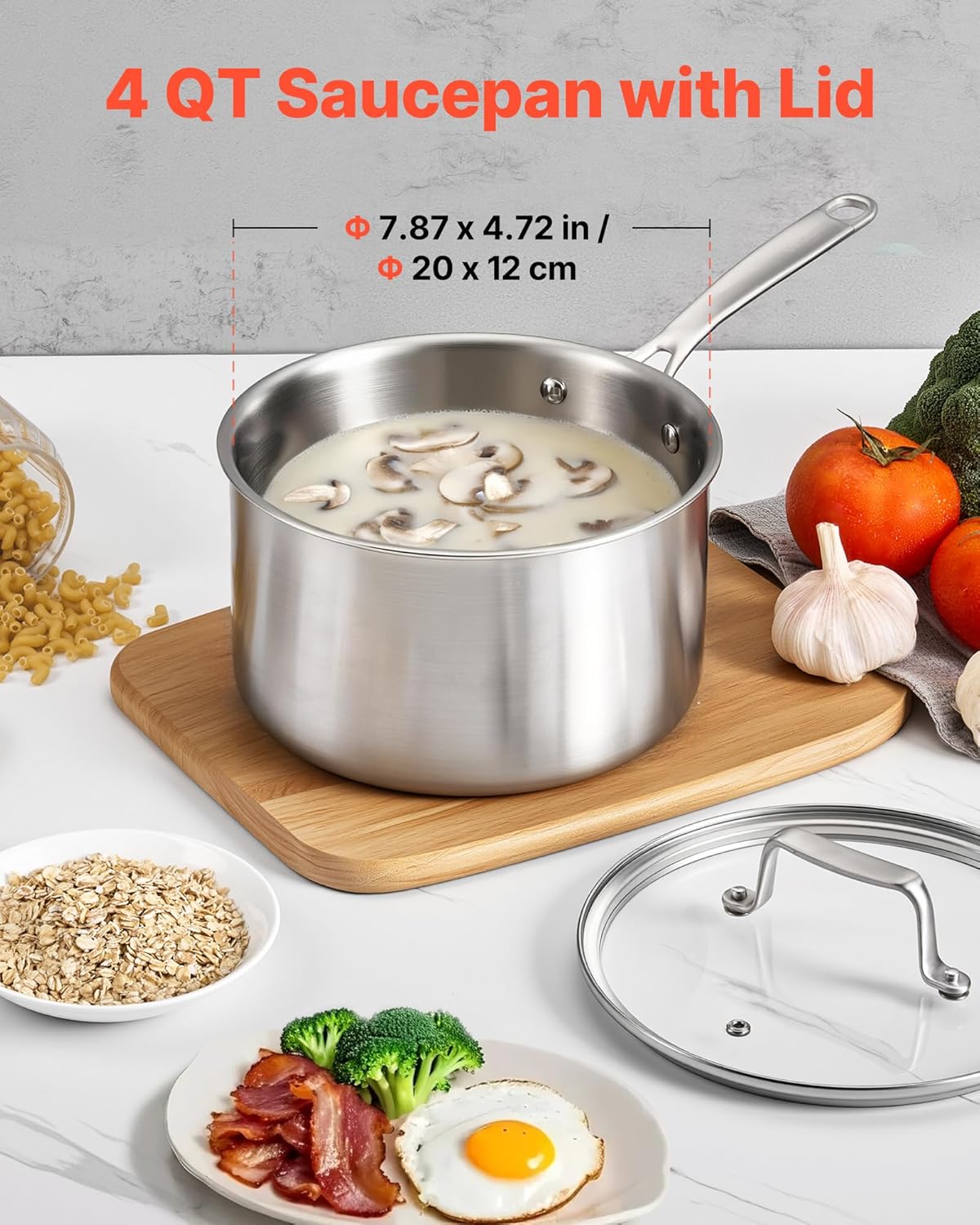 VEVOR 4 QT Saucepan, Stainless Steel Saucepan with Glass Lid, Multipurpose Nonstick Stainless Steel Small Cooking Sauce Pot with Ergonomic Handle, Friendly for Oven, Dishwasher, Induction Cooker