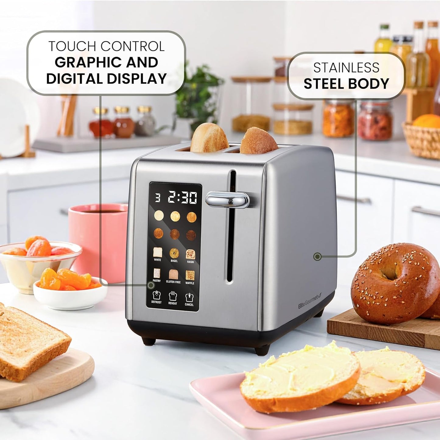 Elite Gourmet ECT2899 LCD Touch Toaster, 2 Extra-Wide Slots, 6 Toast Shades, 6 Preset Menus Including Bagel Waffle Gluten-Free, Defrost Reheat Cancel Functions, Stainless Steel