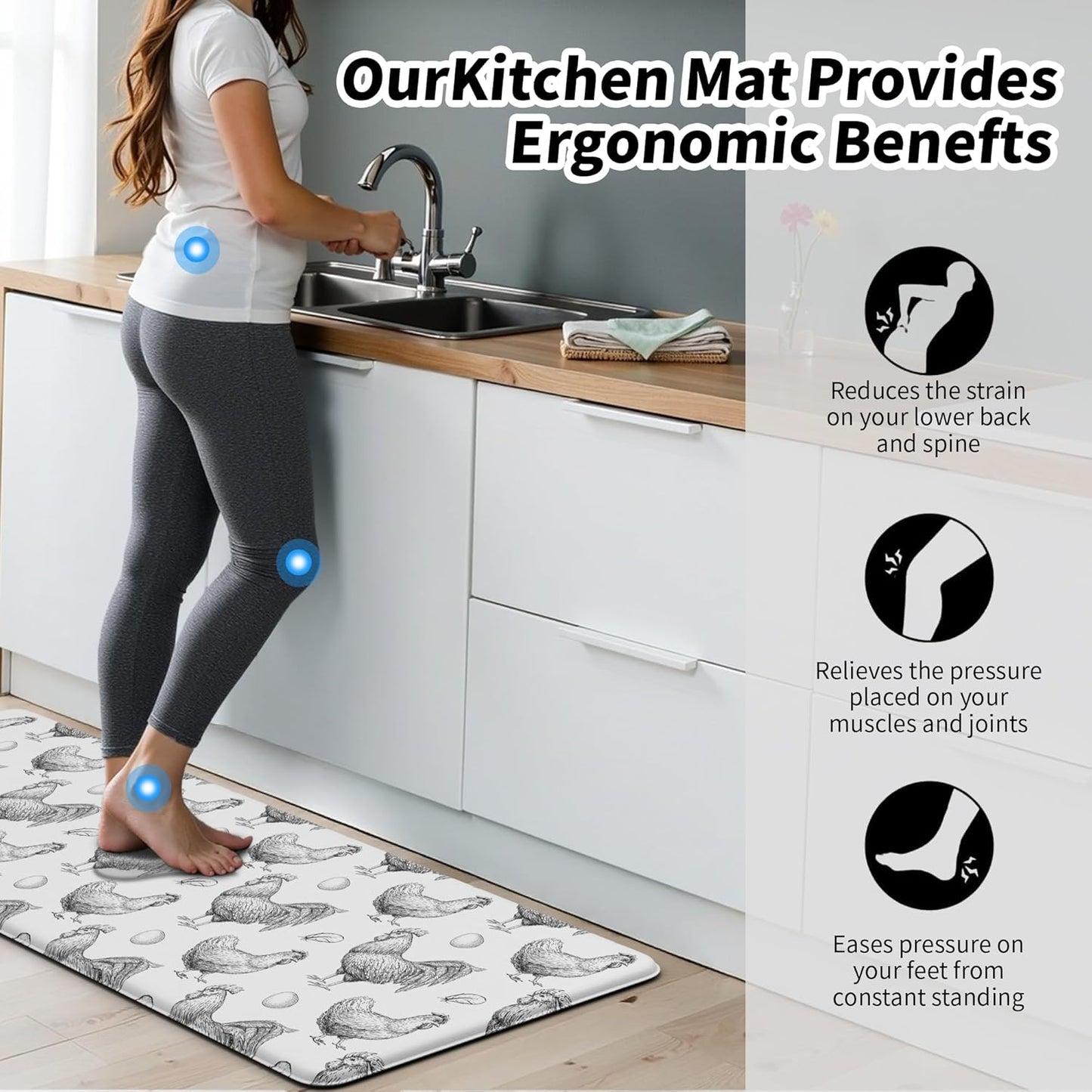 Farmhouse Kitchen Mat Rooster Rugs for Kitchen Floor Anti Fatigue Mat for Standing Desk Office Kitchen Floor Mats Non Slip Waterproof 17.3 x 29 x 0.47 inch