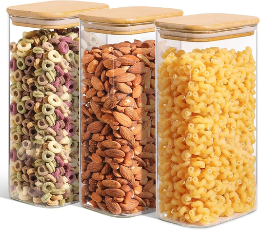54oz 3PCS Rectangle Glass Storage Containers with Lids, Glass Jars with Bamboo Lids, Clear Food Storage Jar, Sugar Coffee Containers, Pantry Container for Pasta, Rice, Flour, Oats, Tea