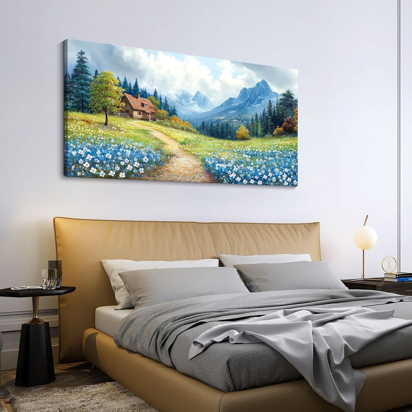 CHATYOUNG Canvas Wall Art Landscape Paintings, Blue Misty Mountains and Wild Flowers Rustic Prints Wall Pictures Large Size 24"X48" for Living Room Bedroom Bathroom Home Decor Gift