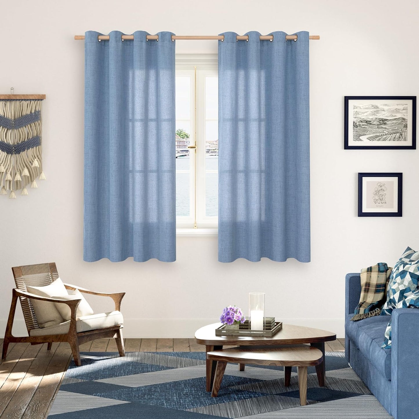 YoungsTex Blue Linen Curtains 63 Inch Length 2 Panels Set for Living Room- Light Filtering Drapes with Bronze Grommet Privacy Ocean Decorative for Bathroom Bedroom Window, 52 x 63 Inch