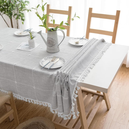 Oubonun Cotton Linen Rectangular Tablecloth - Wrinkle Resistant & Waterproof - Machine Washable Table Cloth with Tassels for Kitchen & Dining, 55''x86'', 6-8 Seats, Grey