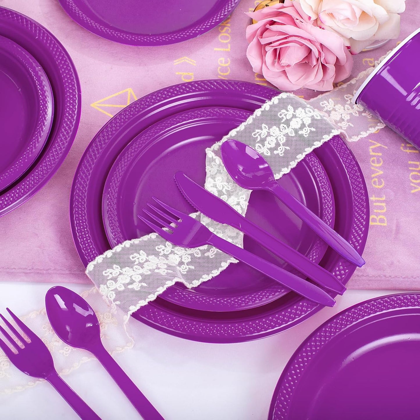 WELLIFE 210Pcs Purple Plastic Dinnerware Set, Party Supplies Including Party Plates and Cups and Napkins Sets for 30 Guests, Purple Plastic Plates