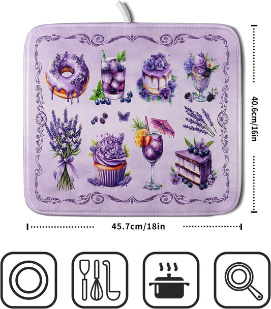 Purple Dish Drying Mats for Kitchen Counter Washable Drying Pad Absorbent Coffee Mat - Delicious Afternoon Tea