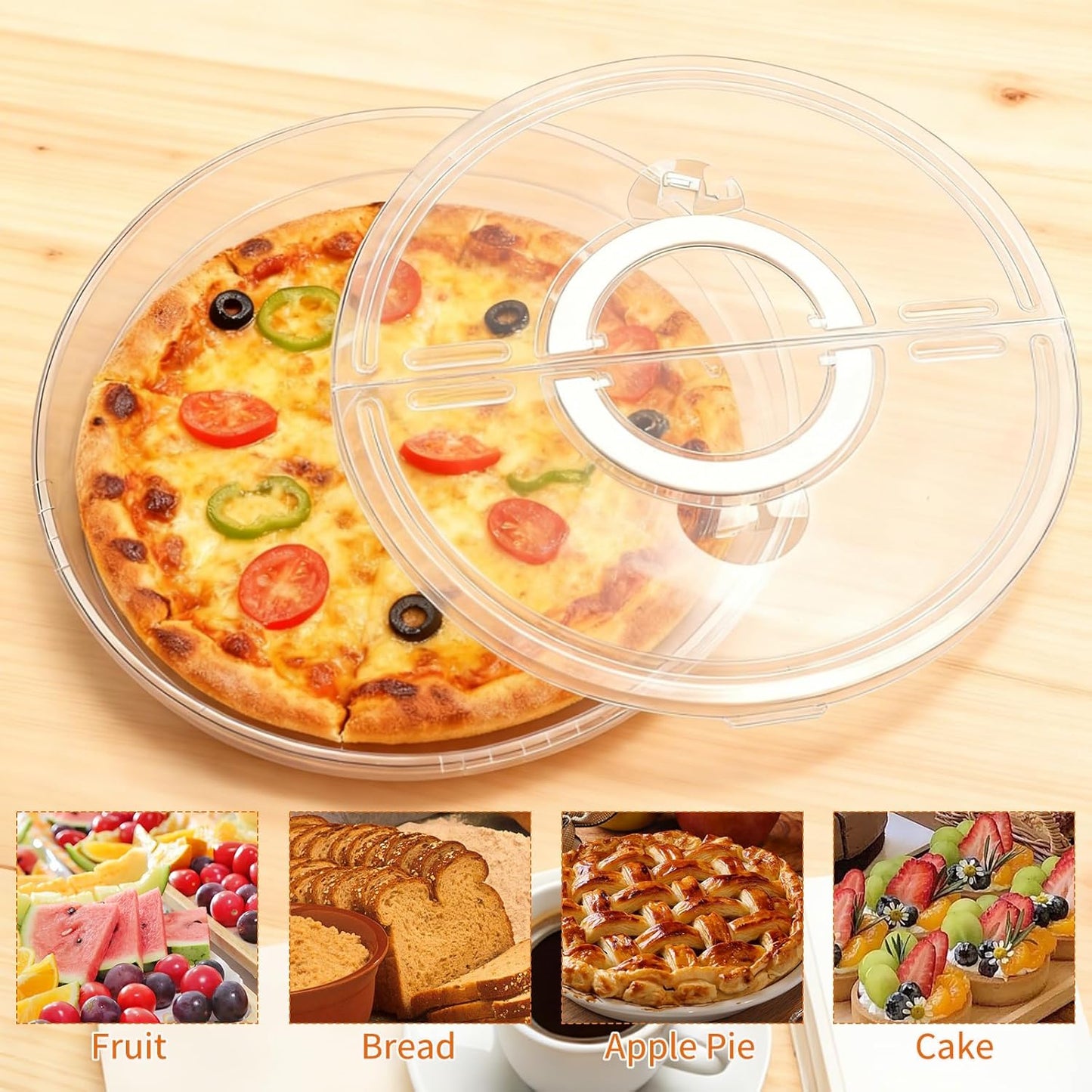 2 Pack 12 Inch Food Storage Container with Lid and Handle, Round Plastic Pizza Slice Storage Container, Reusable Pie Carrier Keeper for Food Cake Cheesecake, Clear