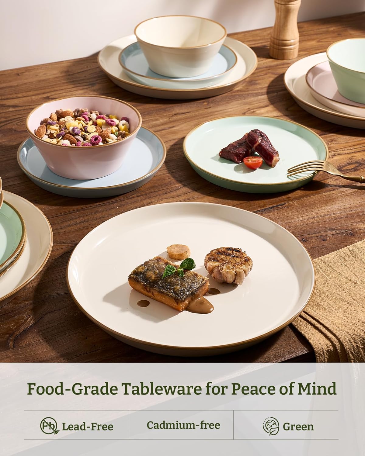 Famiware Saturn Dinnerware Sets, Plates and Bowls Sets for 4, 12 Pieces Stoneware Dish Set - Chip and Scratch Resistant, Microwave and Dishwasher Safe Tableware Set, Multi-color with Rim