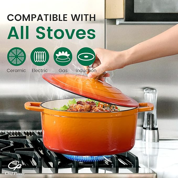 Chef Power Dutch Oven Pot with Lid 5QT, Enameled Cast Iron Dutch Oven for Bread Baking, Braising, Stews, Roasting, Oven Safe Dutch Ovens, Gradient Orange