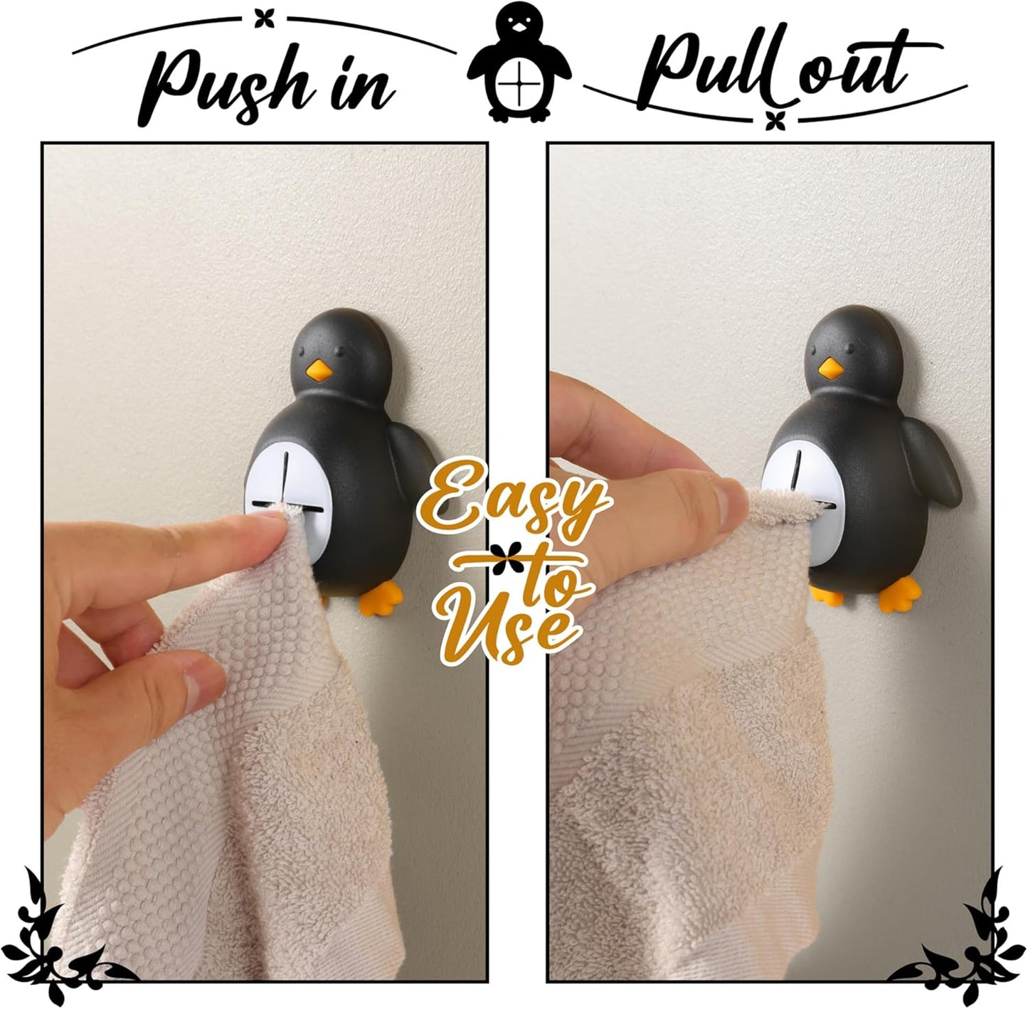 Penguin Silicone Kitchen Towel Hook, Cute Adhesive Push Pull Holder for Dish Rags, Hand Towels, Gloves, Sponge, Bathroom & Kitchen Wall Hooks, Gift for Women Men Friends Home Decor - FGD525