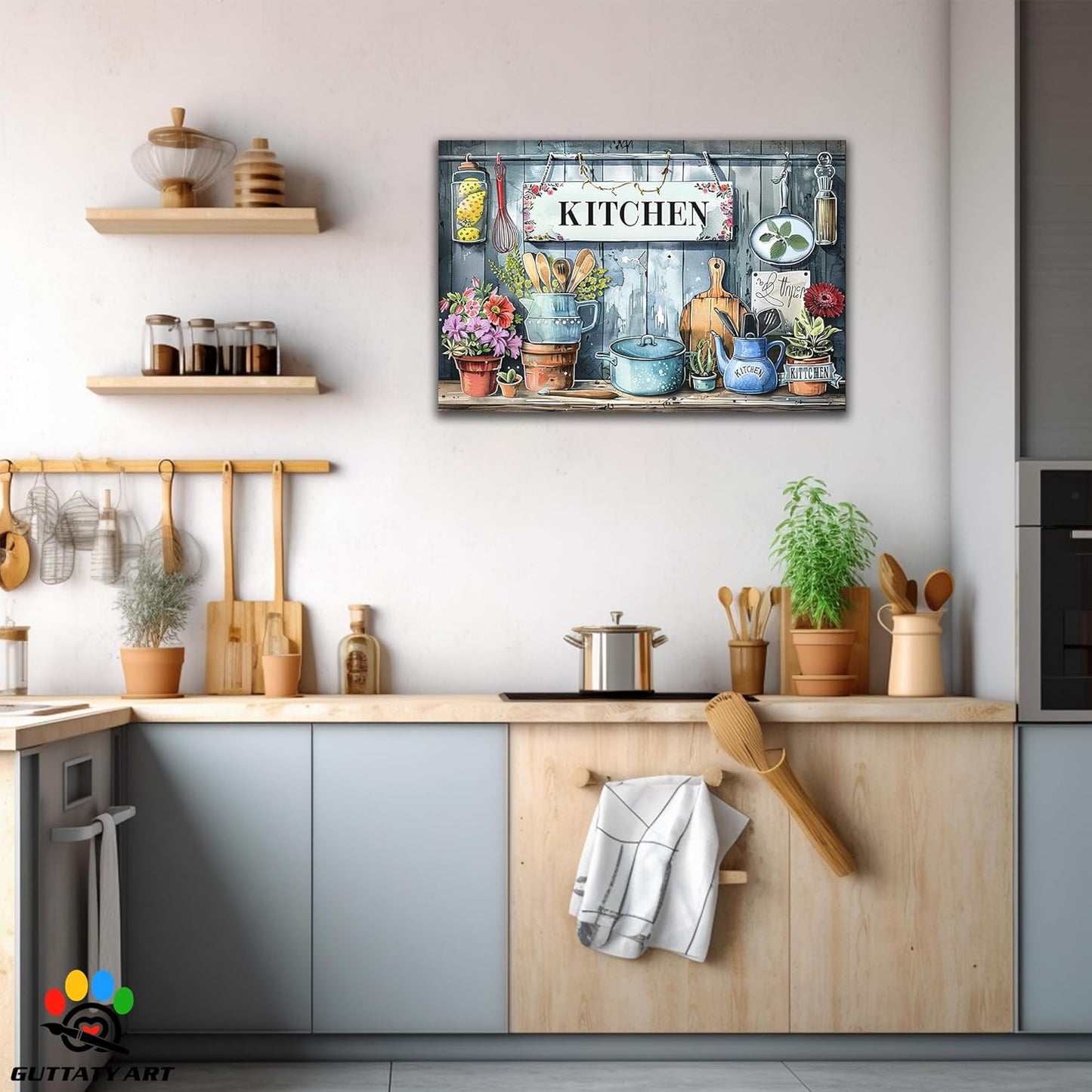 GUTTATY Kitchen Pictures Wall Decor, Farmhouse Wall Art Colorful Flowers and Various Spoons Painting for Dinning Room Restaurant Decor, Mother's Day Gift for Grandma Mom Hanging Artwork 28×40 Inch