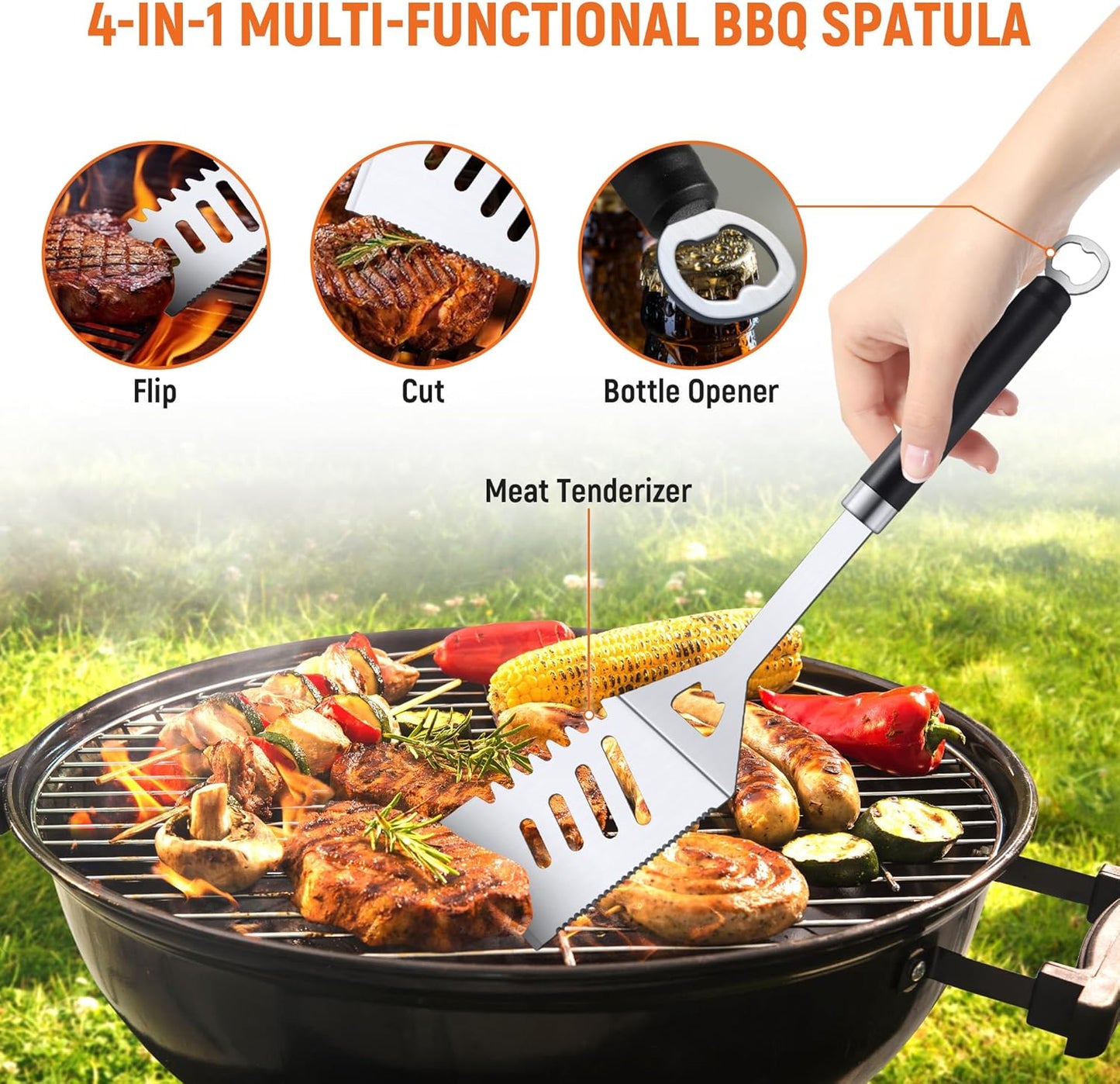 BBQ Accessories Grill Tools Set, Stainless Steel Grill Tools with 2 Squeeze Bottles, BBQ Grill Accessories Grilling Gift for Men & Women, Portable Grill Tools Utensils Kit for Camping, Kitchen