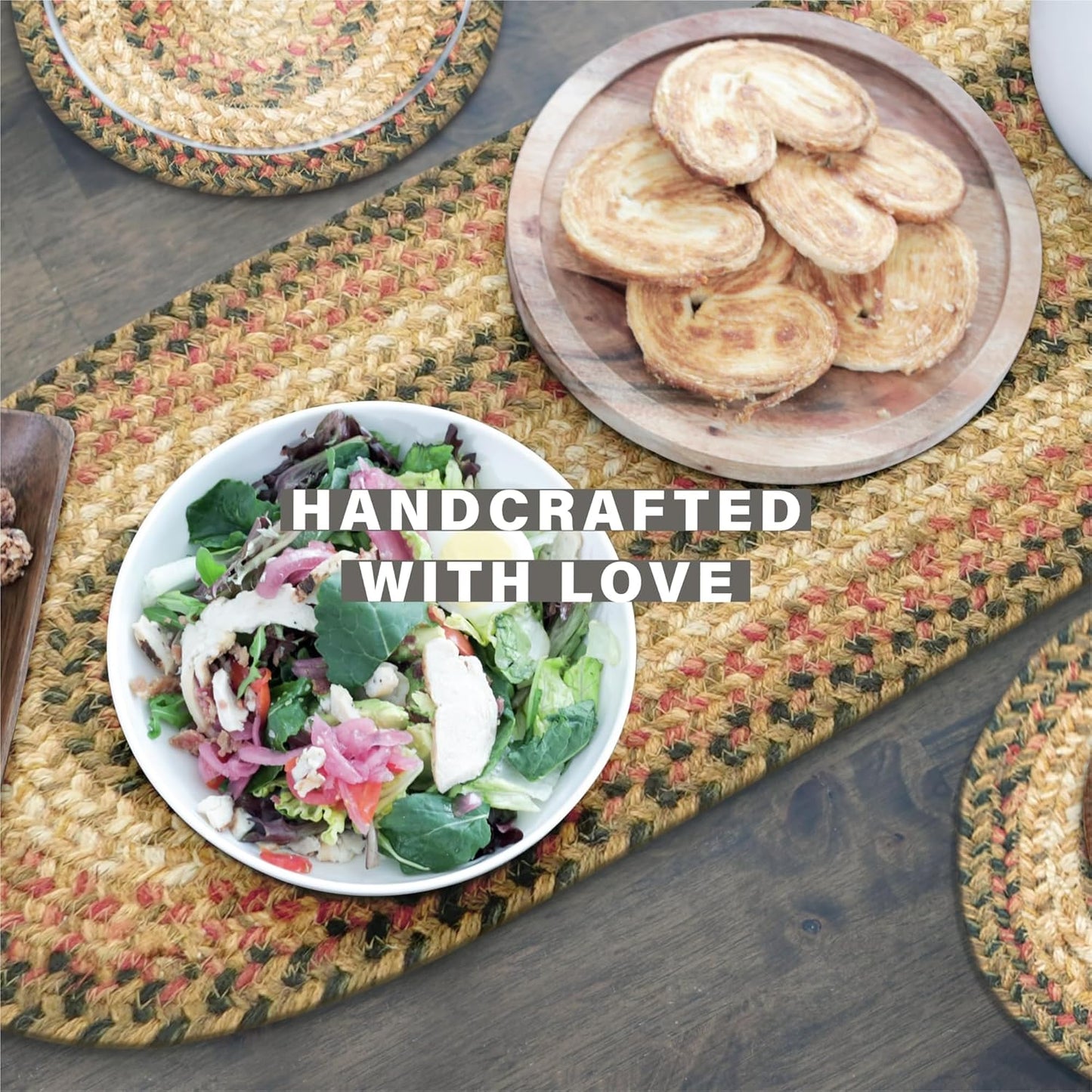 Homespice Russet Jute Braided Table Runner, Warm Country Decor, Set of 2, Multicolor Oval 8x28 - Rich Colors, Easy to Clean, Durable and Protects Furniture