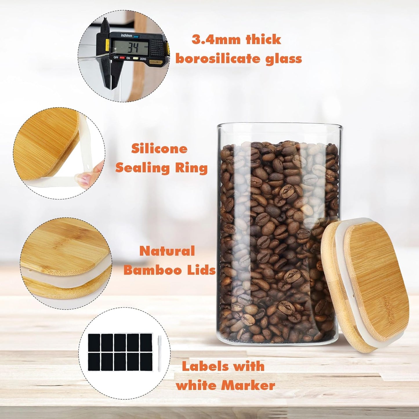 Glass Storage Containers with Airtight Bamboo Lids Set of 4,Pantry Food Storage Container,Perfect for Kitchen Organization-Flour, Rice, Pasta, Sugar, Coffee Beans, Accessories Included (4 packs(50oz))