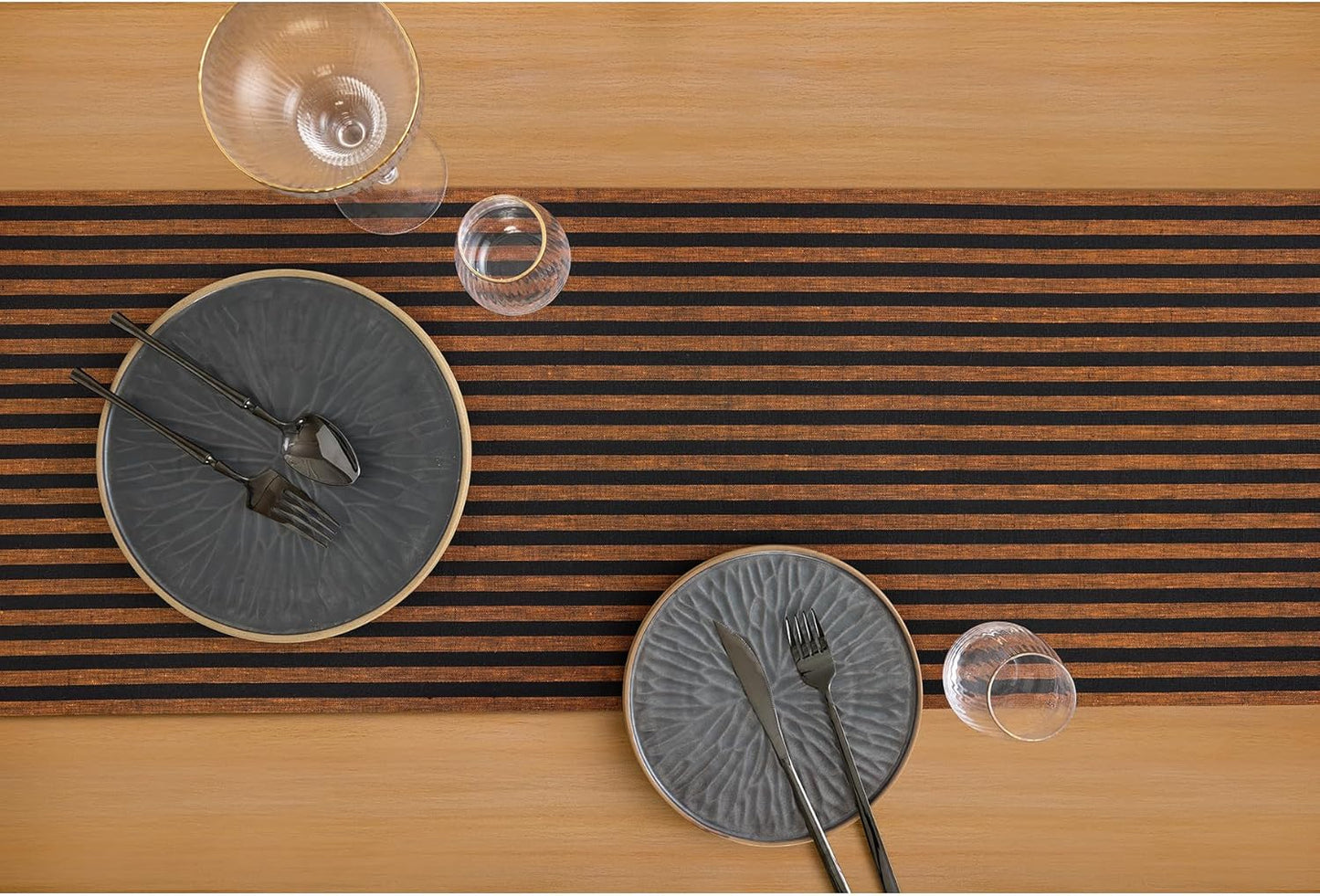 Solino Home Table Runner 120 Inches Long - Amalfi Stripe, 100% Pure Linen Pumpkin and Black Table Runner 14 x 120 Inch for Dining, Fall, Autumn, Halloween, Thanksgiving