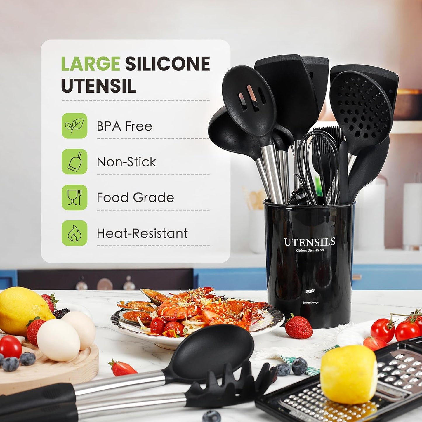 Large Cooking Utensils Set, 35 Pcs Kitchen Utensils Set with Holder, Silicone Spatula Set with Stainless Steel Handle, Whisk, Basting Brush, Kitchen Gadgets for Nonstick Cookware (Black)