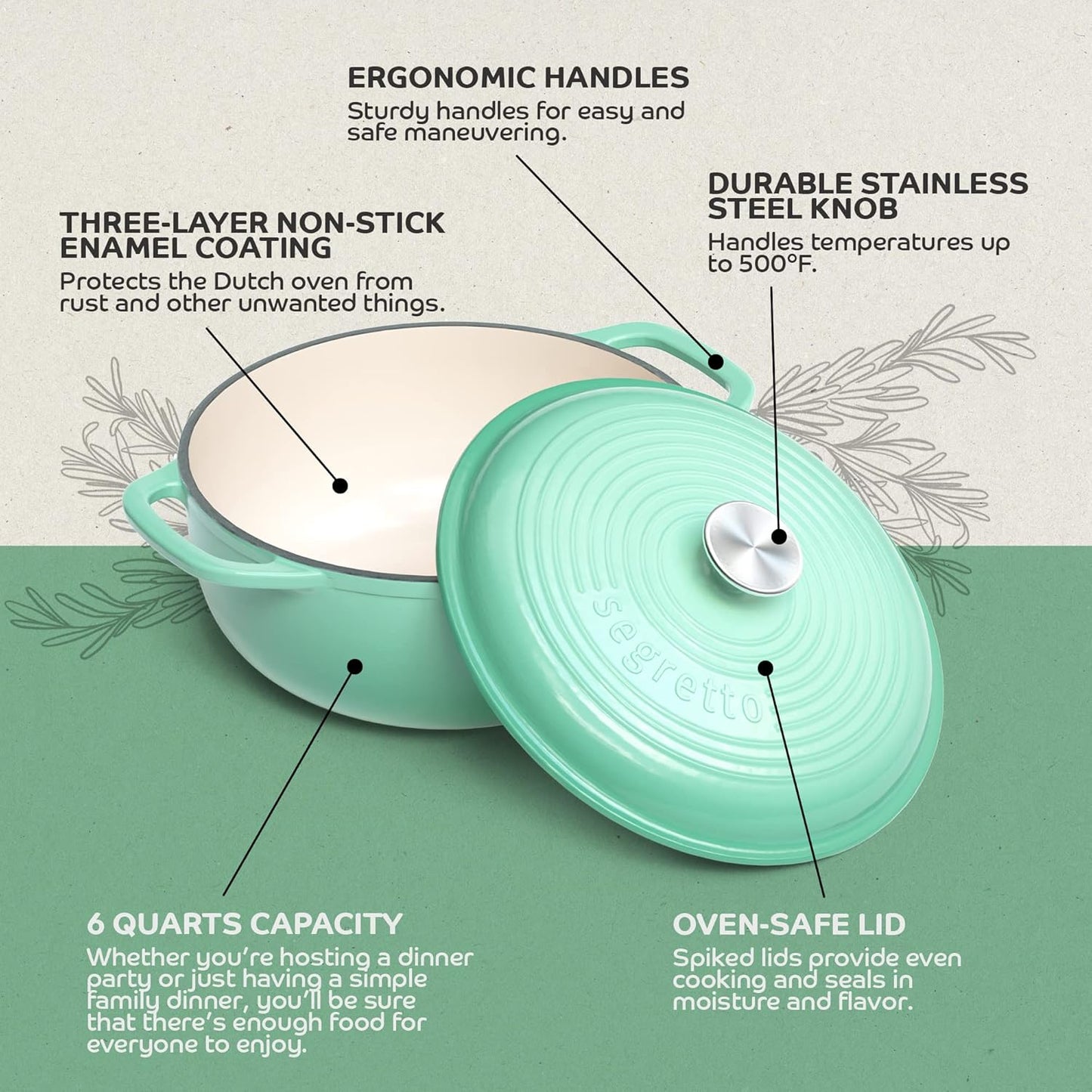 Segretto Cookware Enameled Cast Iron Dutch Oven, 6 Quarts, Light Green