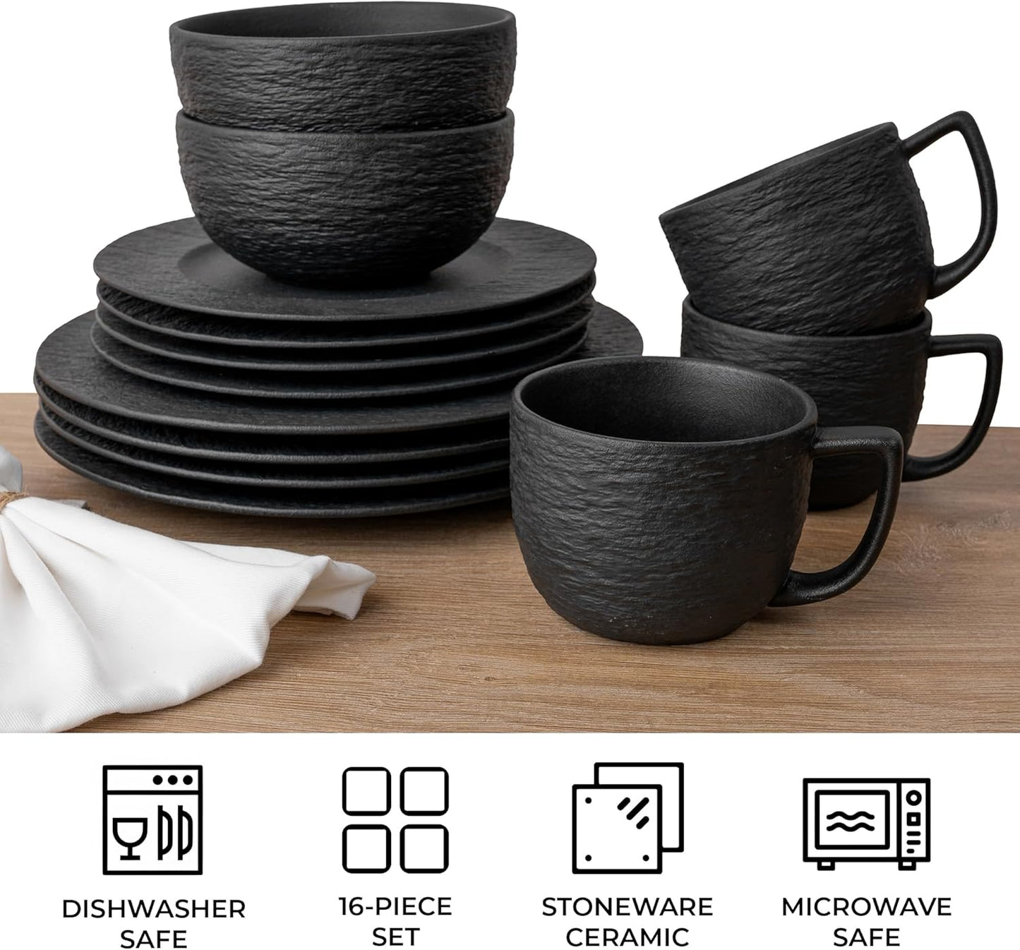 MIAMIO - 16-pc Dinnerware Set Black/Modern Ceramic Tableware/Dinnerware/Set for 4 Persons - Oasis Collection
