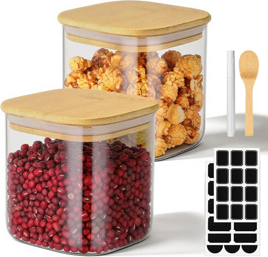 Square Glass Jar with Lid, 2 Pack 24 Fl.oz Glass Jars with Bamboo Lids, Clear Airtgiht Flour Sugar Storage Containers for Coffee, Tea, Cereal, Candy - Included Labels, Marker and Spoon