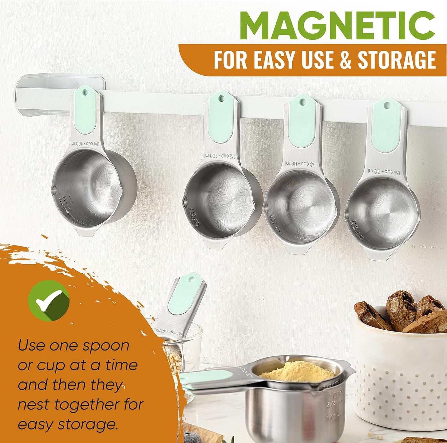 Spring Chef Magnetic Measuring Cups & Spoons Set, Patented, Strong N45 Magnets, Heavy Duty Stainless Steel Fits in Spice Jars for Baking & Cooking, BPA Free, Round Set of 15 with Leveler, Mint