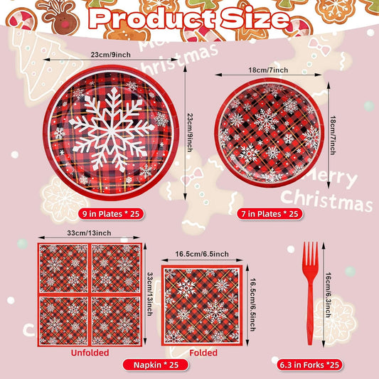 96 Pieces Christmas Snowflake Plaid Tableware Set – Red Buffalo Check Disposable Plates, Napkins, and Forks for Holiday Dinners, Winter Parties, Festive Celebrations – Serves 24 Guests
