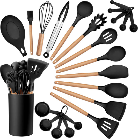 HaWare Kitchen Cooking Utensils Set, 23-Piece Silicone Kitchen Utensils Spatula Set with Holder, Heat Resistant Wooden Handle Kitchen Gadget for Nonstick Cookware, Food-grade Turner Spoon Sets (Black)