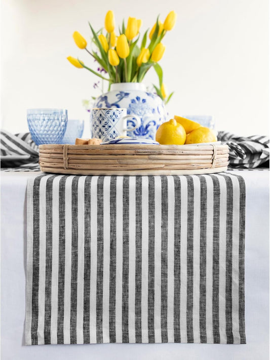 Solino Home Linen Table Runner 48 Inches - Amalfi Stripe 100% Pure Linen Black and White Farmhouse Table Runner 14 x 48 Inch Ideal for Dresser and Coffee Tables - Fall, Halloween, Thanksgiving
