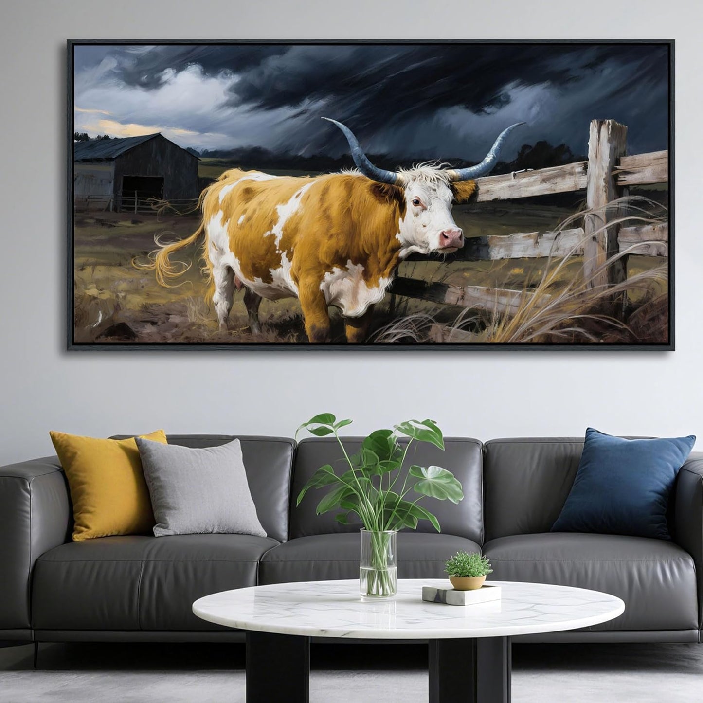 Highland Cow Wall Art - Rustic Pictures for Living Room,Framed Country Wall Decor, Vintage Artwork for Walls, Longhorn Cow wall Decor - Large Farmhouse Canvas for Bedroom 29×58IN
