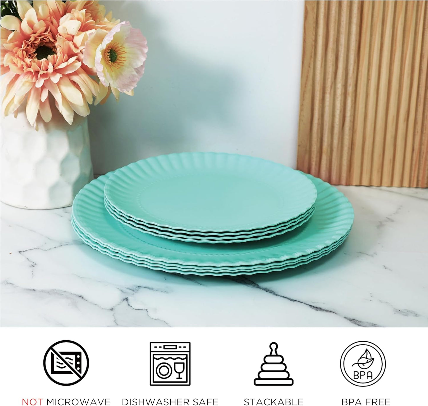 TP Melamine Dinner Plates Set of 8, 8” Salad Dessert Plates and 10.5” Dinner Plates, Dinnerware Set for 4, Indoors and Outdoors, Teal