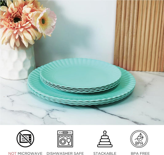 TP Melamine Dinner Plates Set of 8, 8” Salad Dessert Plates and 10.5” Dinner Plates, Dinnerware Set for 4, Indoors and Outdoors, Teal
