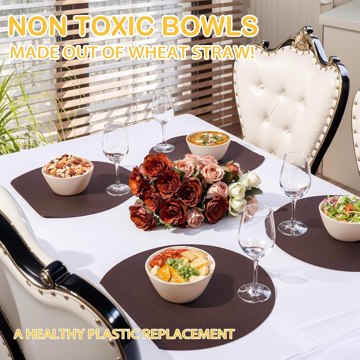 supernal 12PCS Beige Wheat Straw Bowls - Unbreakable Reusable Plastic Bowl,Fridge & Dishwasher Safe Soup Bowl,Lightweight Beige Disposable Bowls for Catering,Weddings,Cereal,Salad,Ramen