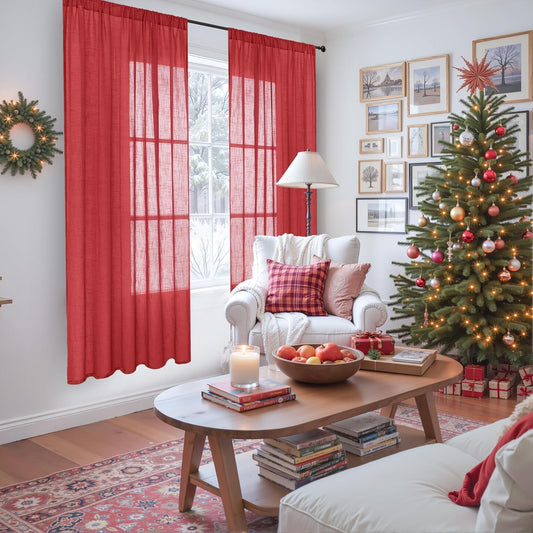 BGment Red Linen Curtains 72 Inches Long for Living Room, Semi Sheer Drapes with Rod Pocket for Bedroom Dining Christmas Holiday Decor Lightweight, 2 Panels Set, Each 52 Inch Wide