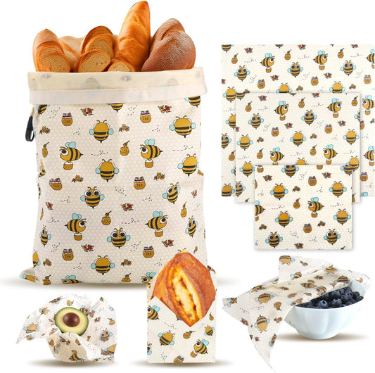 1 Large Beeswax Bread Bags for Homemade Bread Sourdough & 3 Beeswax Wraps, Easy to Clean Reusable Beeswax Breads Bags for Sourdough, 17 X 13 Inch Charming Honeybee Pattern Food Storage Bag
