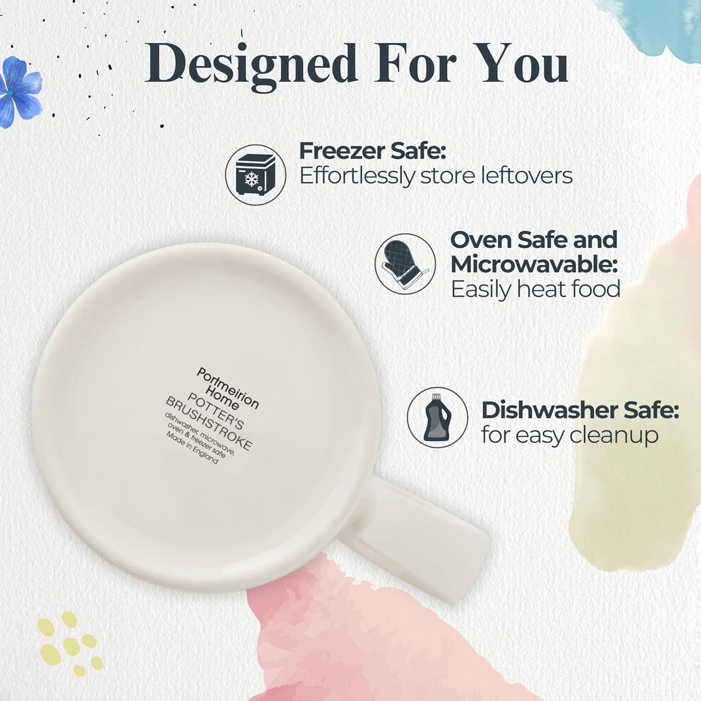 Portmeirion Potters 9oz Ceramic Mug (Set of 4) - Handcrafted Coffee Mugs with Blue Brushstrokes - Dishwasher, Microwave, Freezer Safe - Earthenware Mugs for Tea & Coffee Lovers, Unique Mug Set (Blue)