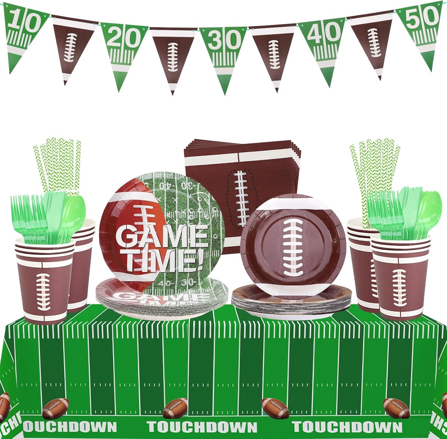 Football Plates and Napkins Sets Sports Paper Plates,Football Birthday Party Supplies Disposable Tableware Sets Rugby Plate with Touchdown Tablecloth for Gameday Tailgate Party Decorations Serve 24