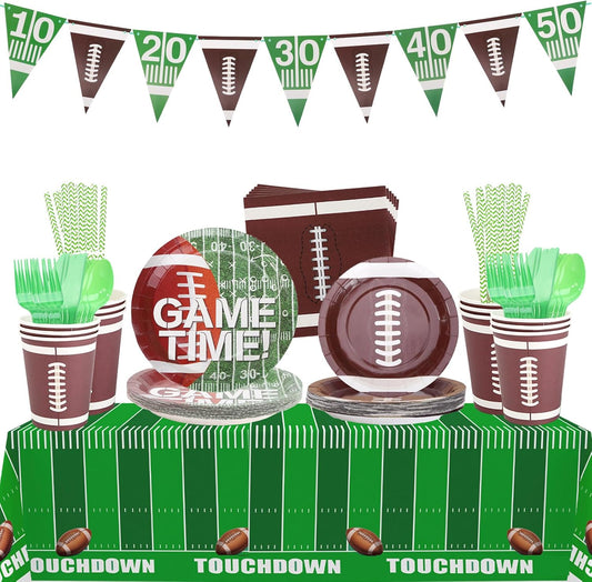 Football Plates and Napkins Sets Sports Paper Plates,Football Birthday Party Supplies Disposable Tableware Sets Rugby Plate with Touchdown Tablecloth for Gameday Tailgate Party Decorations Serve 24