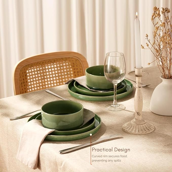 Ceramic Dinnerware Set, by Vase and Vessel, 12-Piece Service for 4, 9.8” Dinner Plates, 8” Salad Plates, 20 oz Bowls, Ombre Reactive Glaze, Durable Stoneware, Microwave & Dishwasher (Moss Green)