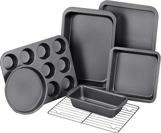 KITESSENSU Baking Pans Sets, Nonstick Bakeware Sets 7-Piece with Round/Square Cake Pan, Loaf Pan, Muffin Pan, Cookie Sheet, Roast Pan, Cooling Rack, Carbon Steel Bake Set
