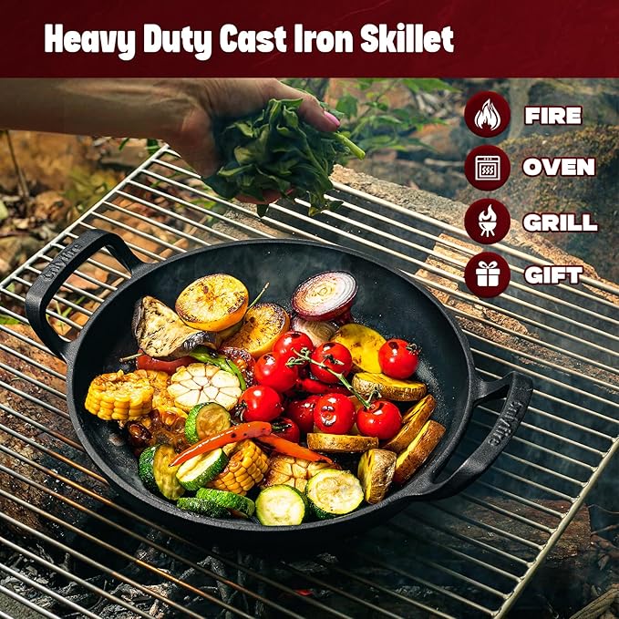 onlyfire Pre-Seasoned Cast Iron Skillet, Frying Pan with Nonstick Perforated Grill Surface and Dual Handles, 10 Inch Cast Iron Pan - Compatible With All Stovetops - Oven Safe & Rust Resistant