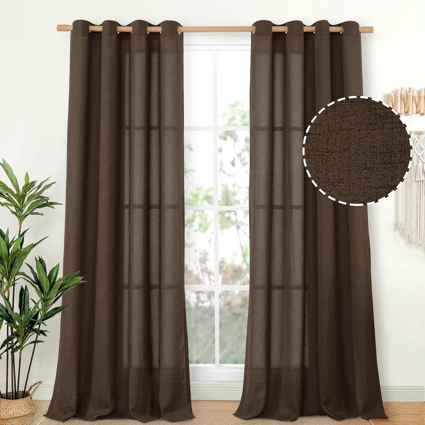 YoungsTex Brown Linen Curtains 90 Inches Length for Living Room,Chocolate Semi Sheer Window Treatments with Bronze Grommet Light Filtering for Bedroom Dining Room Farmhouse, 52 x 90 Inch, 2 Panels