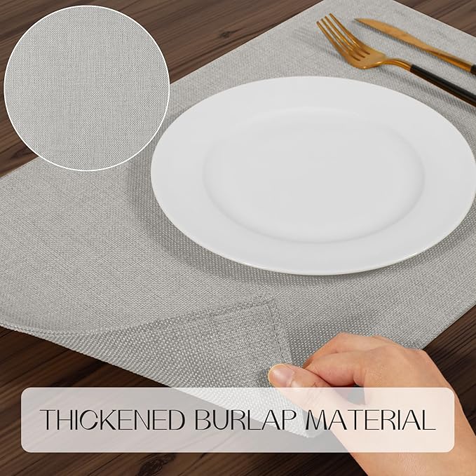 Romanstile Cloth Placemats Set of 6-12 x 18 Inch, Heat Resistant Double Layered Thickened Burlap Place Mats, Washable Linen Farmhouse Table Mats for Kitchen/Dining/Party/Outdoor, Light Grey