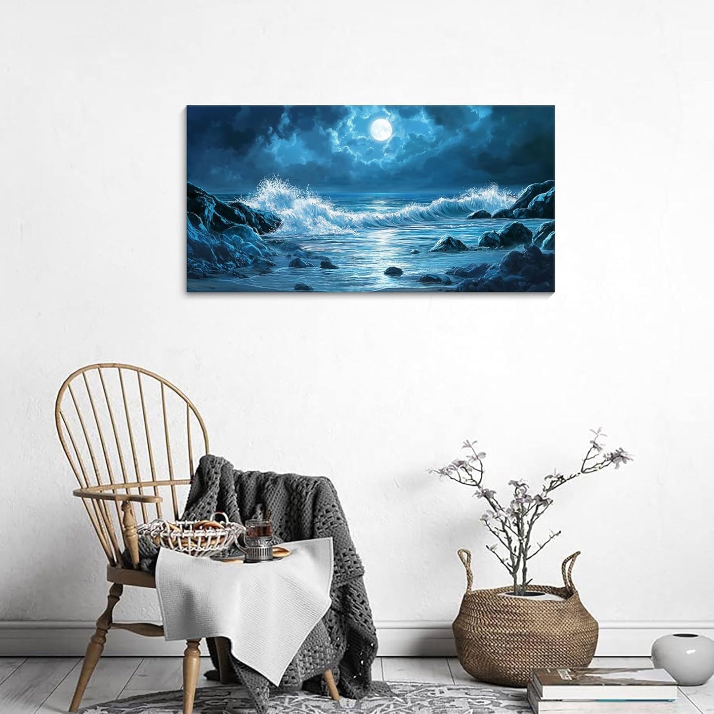 CHATYOUNG Blue Ocean Waves Landscape Wall Art, Beach Moon Sea Waves Night View Modern Canvas Wall Painting for Living Room Bedroom Office Bathroom Birthday Gift Home Decor 20x40 In