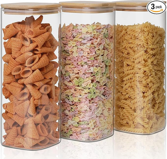 Glass Food Storage Jars 76 oz Set of 3,Glass Storage Containers Clear Glass Food Canister with Bamboo Lid Airtight For Serving Tea, Coffee, Flour, Sugar, Candy, Cookie, Spice and More (Square)