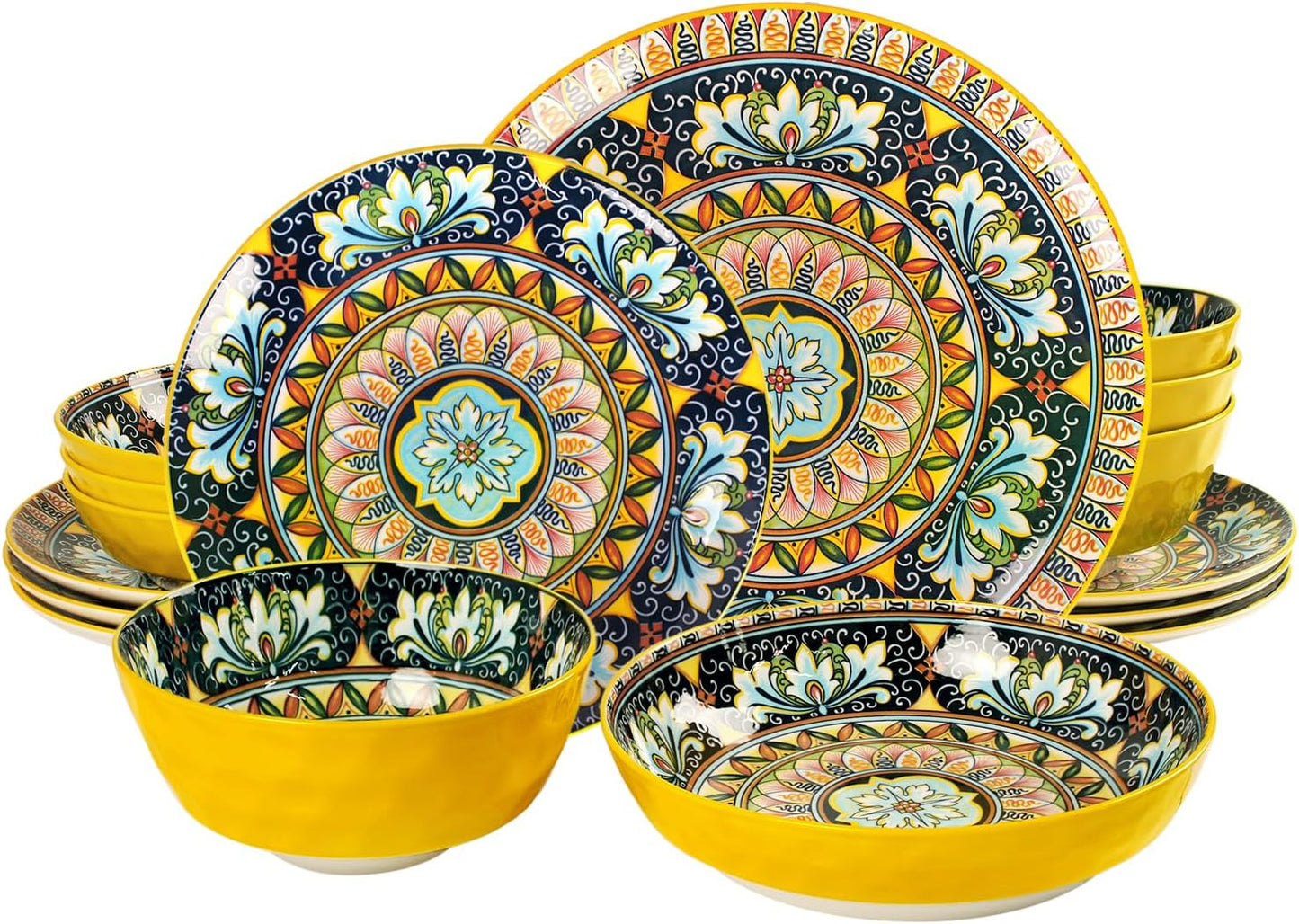 Mandala Dinnerware Sets, Plates and Bowls Set, Porcelain Dishes (16 Pieces) Service for 4, Zanzibar, Bohemian Style Dining Ware, for Kitchen and Dining Multicolor Dinnerware Set, Yellow